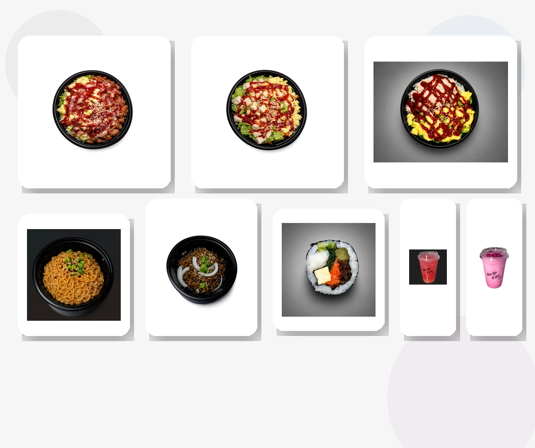 Real YumSem menu variety including rice bowls, noodles, kimbap and signature drinks